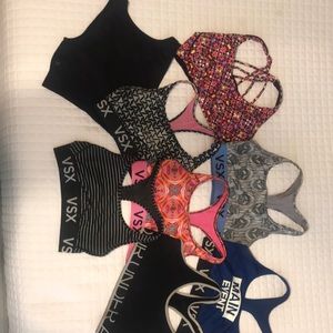 8 Victoria Secret sports bras and 1 fabletics sports tank.
